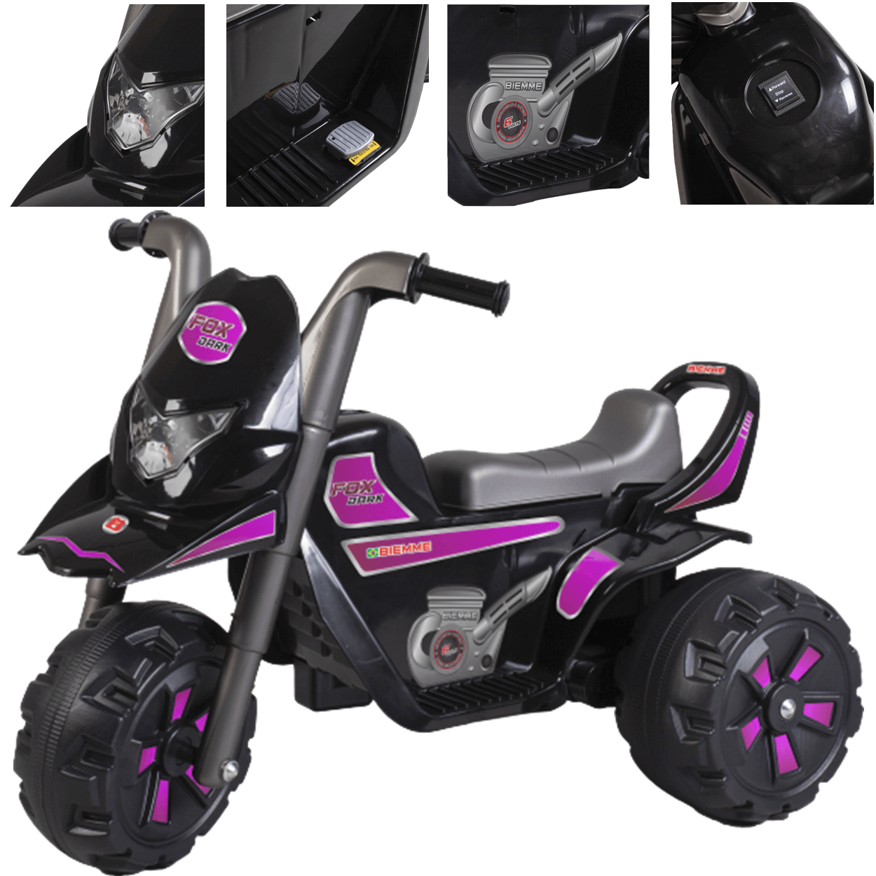 Moto Triciclo Eletrico Infantil Biemme Fox Dark Rosa 6V - 3