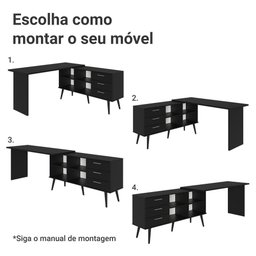 Escrivaninha Mesa de Escritório de Canto 3 Gavetas Preto Lisboa Madesa - 6