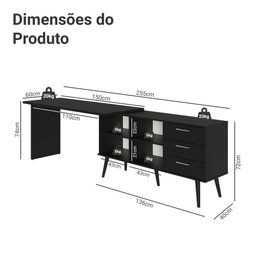 Escrivaninha Mesa de Escritório de Canto 3 Gavetas Preto Lisboa Madesa - 5