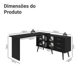 Escrivaninha Mesa de Escritório de Canto 3 Gavetas Preto Lisboa Madesa - 4