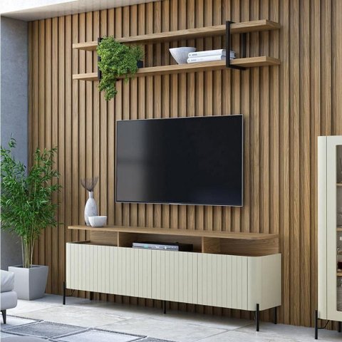 Rack com Painel Ripado e Prateleira para Sala Bend Smart 400cm MDF Louro e Luna com Preto Casa Lar