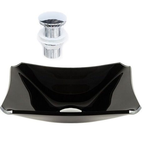 CUBA DE VIDRO RETANGULAR CHANFRADA 39CM PRETO + VÁLVULA CLICK