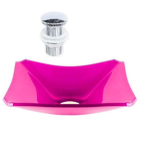 CUBA DE VIDRO RETANGULAR CHANFRADA 39CM ROSA + VÁLVULA CLICK