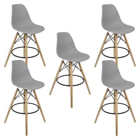 Kit 5 Banquetas Charles Eames Eiffel Wood Design Base Fixa Madeira - Cinza