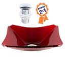 Ver imagem 2 de CUBA DE VIDRO RETANGULAR CHANFRADA 39CM VERMELHO CEREJA + VÁLVULA CLICK
