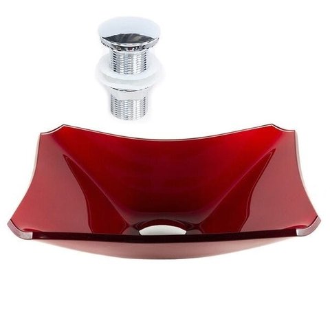 CUBA DE VIDRO RETANGULAR CHANFRADA 39CM VERMELHO CEREJA + VÁLVULA CLICK