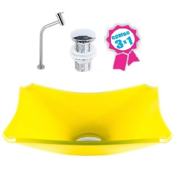 CUBA DE VIDRO RETANGULAR CHANFRADA 37CM AMARELO + VÁLVULA CLICK + TORNEIRA - 2
