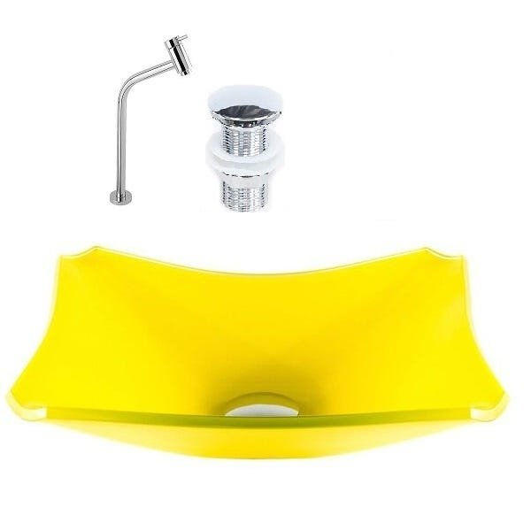 CUBA DE VIDRO RETANGULAR CHANFRADA 37CM AMARELO + VÁLVULA CLICK + TORNEIRA - 1