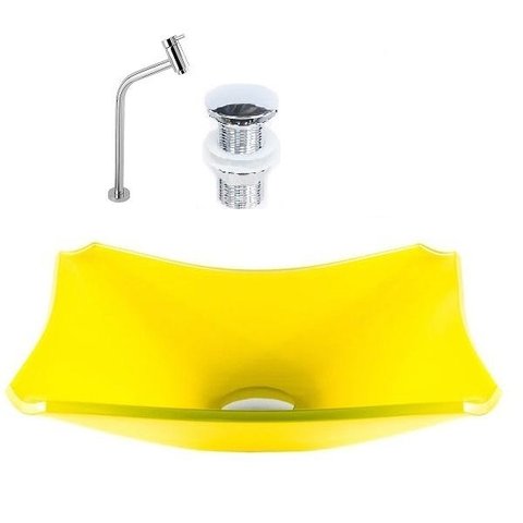 CUBA DE VIDRO RETANGULAR CHANFRADA 37CM AMARELO + VÁLVULA CLICK + TORNEIRA