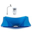 Ver imagem 1 de CUBA DE VIDRO RETANGULAR CHANFRADA 37CM AZUL ESCURO + VÁLVULA CLICK + TORNEIRA