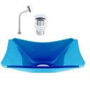 Ver imagem 1 de CUBA DE VIDRO RETANGULAR CHANFRADA 37CM AZUL + VÁLVULA CLICK + TORNEIRA