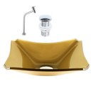 Ver imagem 1 de CUBA DE VIDRO RETANGULAR CHANFRADA 37CM DOURADO REAL + VÁLVULA CLICK + TORNEIRA