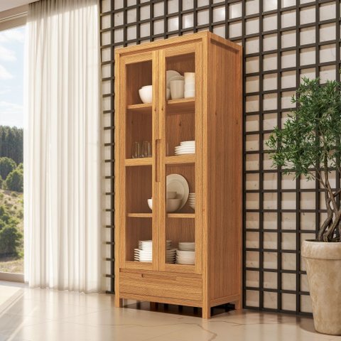 Cristaleira Madeira Maciça 1554nc Nature 2 Portas de Vidro e Led Interno Rústico Claro Finestra