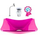 Ver imagem 2 de CUBA DE VIDRO RETANGULAR CHANFRADA 37CM ROSA + VÁLVULA CLICK + TORNEIRA