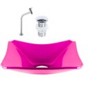 Ver imagem 1 de CUBA DE VIDRO RETANGULAR CHANFRADA 37CM ROSA + VÁLVULA CLICK + TORNEIRA
