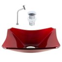 Ver imagem 1 de CUBA DE VIDRO RETANGULAR CHANFRADA 37CM VERMELHO CEREJA + VÁLVULA CLICK + TORNEIRA