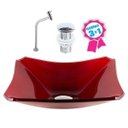 Ver imagem 2 de CUBA DE VIDRO RETANGULAR CHANFRADA 37CM VERMELHO CEREJA + VÁLVULA CLICK + TORNEIRA