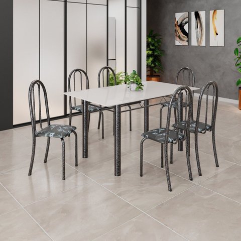Conjunto de Mesa Tubular 140cm x 75cm Tampo em Vidro com 6 Cadeiras Iris B Prata/Preto