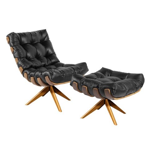 Poltrona com Puff Costela Giratório Couro Preto Base Madeira Ma25 - D'Rossi