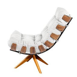 Poltrona com Puff Costela Giratório Couro Branco Base Madeira Ma25 - D'Rossi - 4
