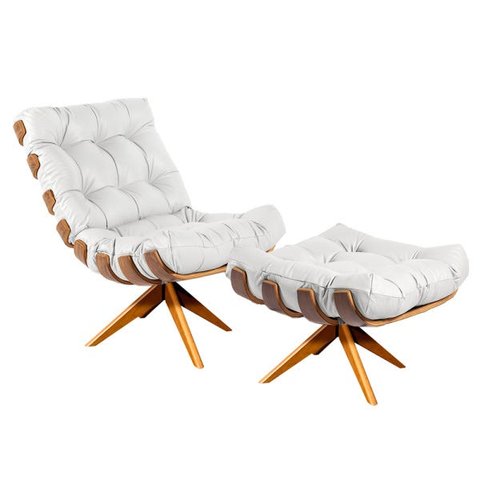 Poltrona com Puff Costela Giratório Couro Branco Base Madeira Ma25 - D'Rossi