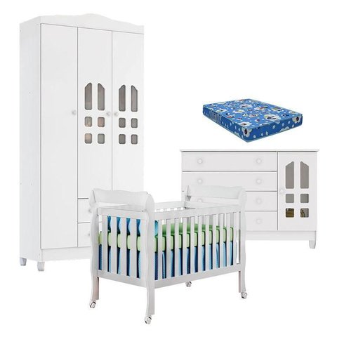 Quarto de Bebê New Selena 3 Portas com Berço Lila e Cômoda Gran Selena Branco Brilho e Colchão