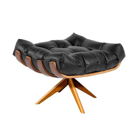 Puff Giratório Costela Couro Preto Base Madeira Ma25