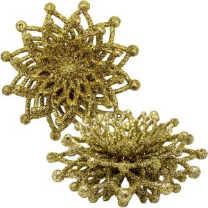 Kit 12 Flores Gliter Douradas Decoração Árvore de Natal 10cm