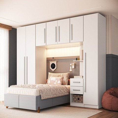 Quarto Modulado 100% MDF 5 Peças Mesa de Cabeceira Direita 7 Portas e 5 Gavetas Integrato Branco