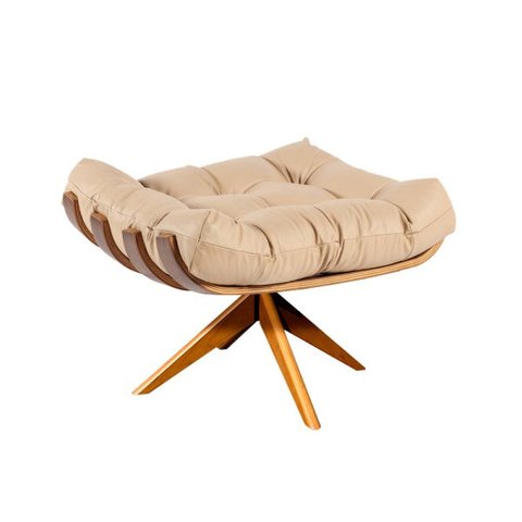 Puff Giratório Costela Couro Bege Base Madeira Ma25