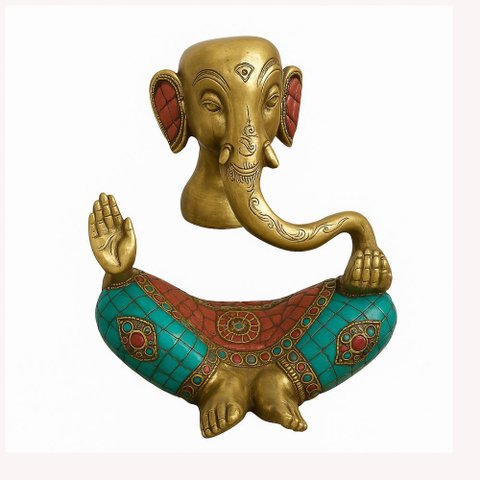 Estátua Ganesha Decorativa em Bronze Detalhes em Pedras Coloridas ? 20 Cm