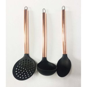 Conjunto Colher Concha Escumadeira Silicone Preto/Rose