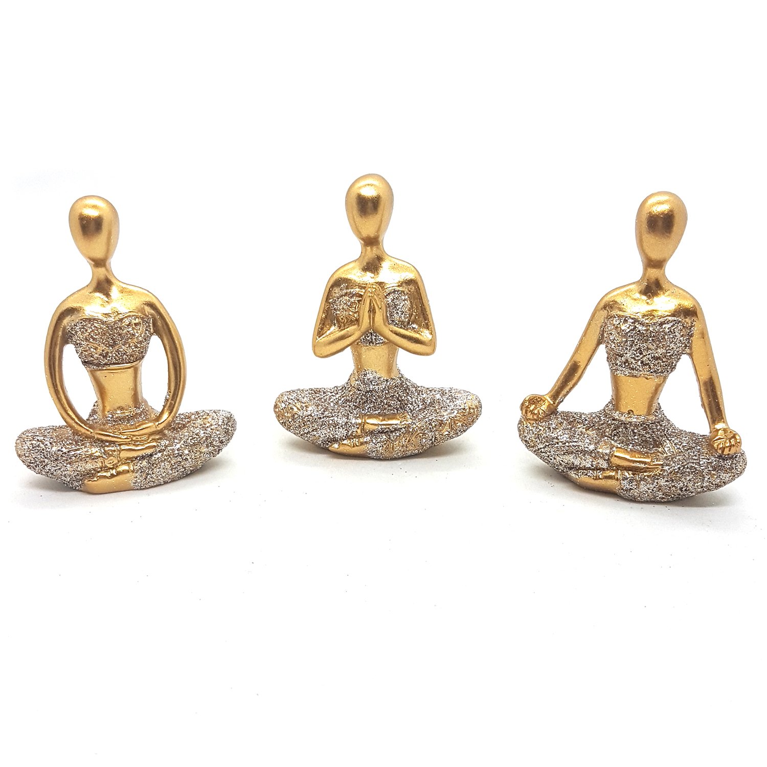 Trio De Ioga Estátua Rezando Meditando Luxo Dourado Brilho