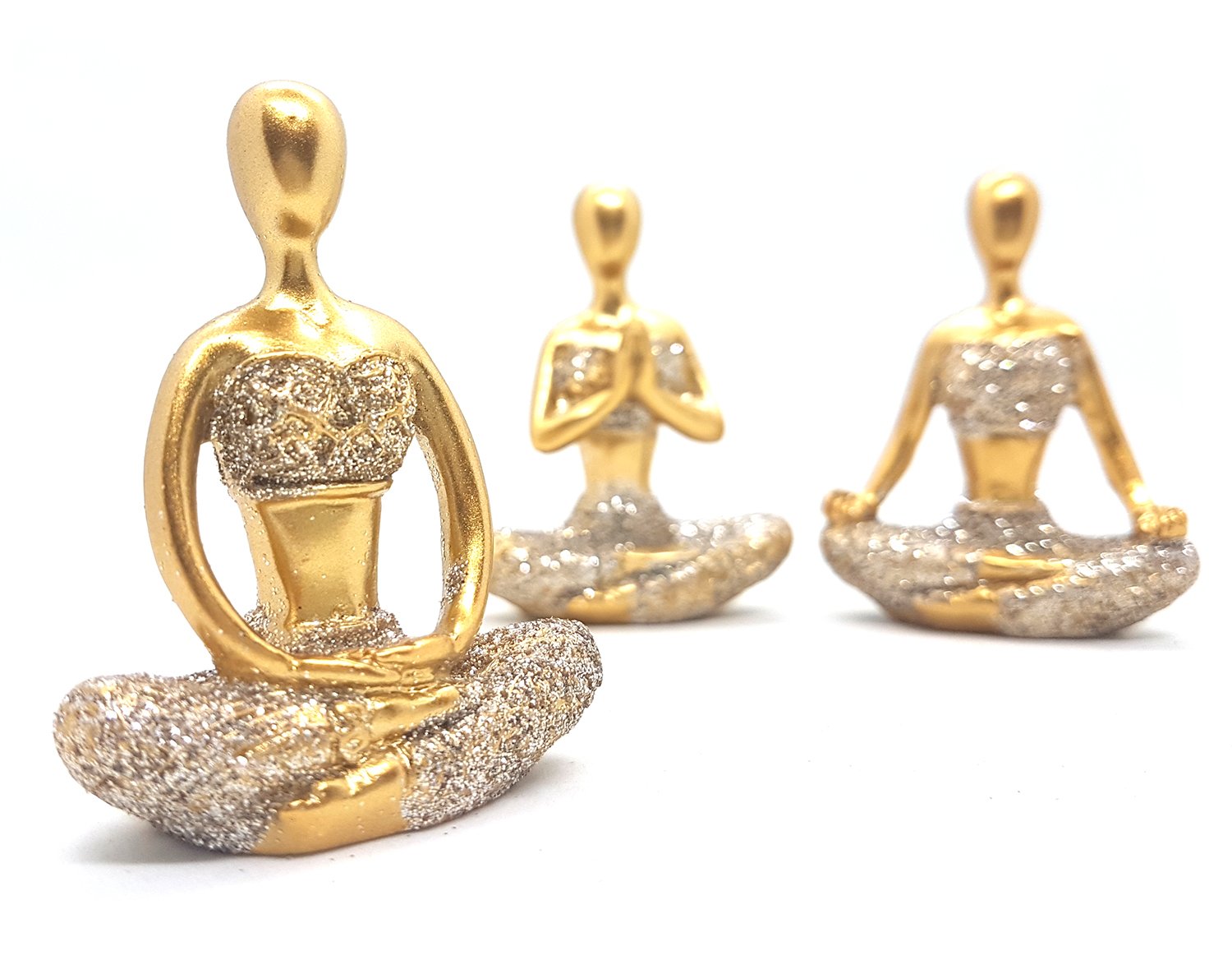 Trio De Ioga Estátua Rezando Meditando Luxo Dourado Brilho - 3