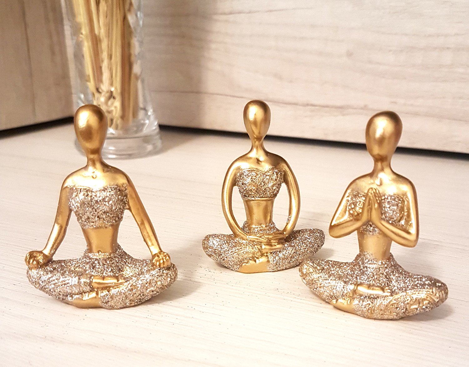 Trio De Ioga Estátua Rezando Meditando Luxo Dourado Brilho - 6