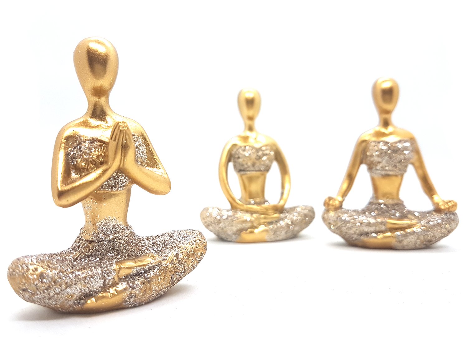 Trio De Ioga Estátua Rezando Meditando Luxo Dourado Brilho - 5