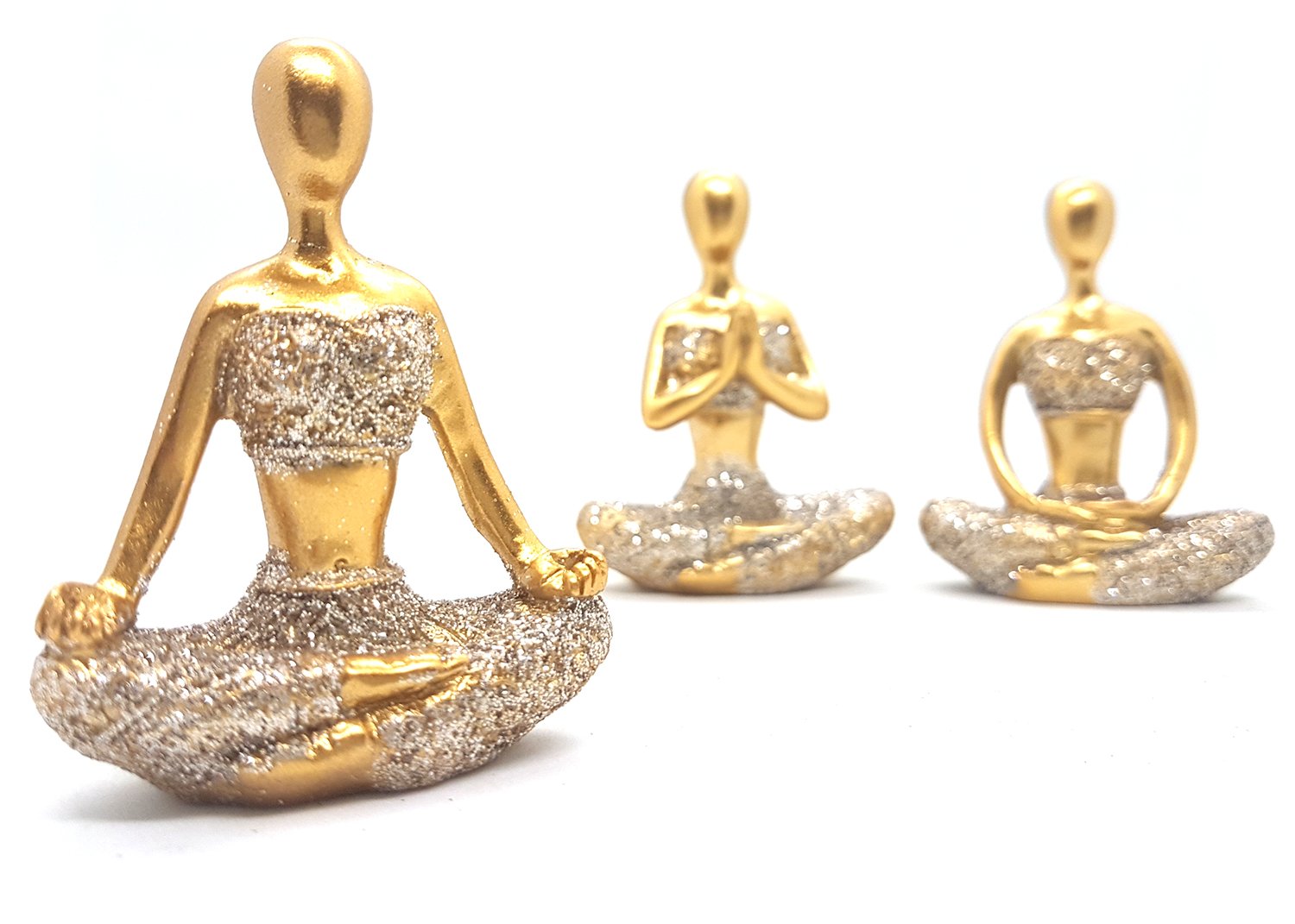 Trio De Ioga Estátua Rezando Meditando Luxo Dourado Brilho - 4