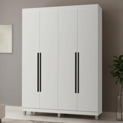 Guarda-Roupa Solteiro com Pés 4 Portas Batentes Branco/Branco/Preto Netuno Madesa
