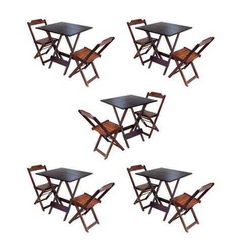 Kit 5 Jogos De Mesa Dobravel Com 2 Cadeiras De Madeira 70X70 Para Restaurante E Bar - Imbuia