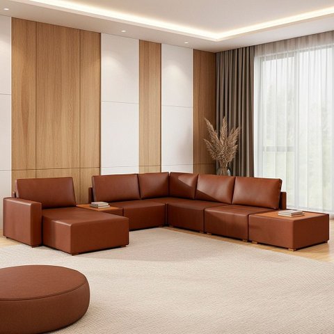 Sofá de Canto Modulado 291cm - 312cm 6 Lugares France Courino Marrom - Sallar Home