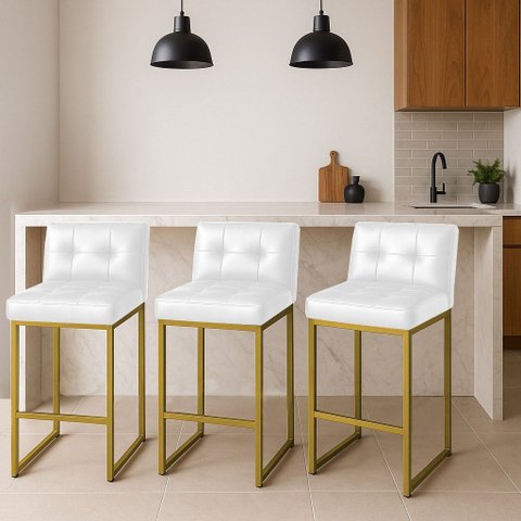 Banqueta Cozinha Alta com Encosto Industrial Kit 3 Dourado Lirina Pu Branco C05 - D’Rossi