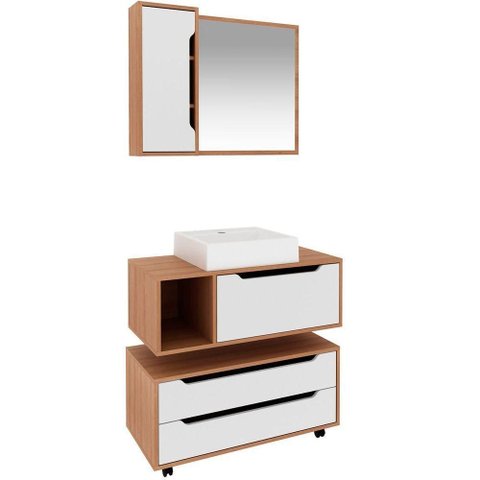 Kit Gabinete Balcão e Espelheira de Banheiro Cuba Karina Amêndoa-branco