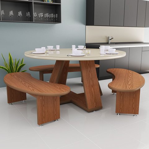 Mesa de Jantar Redonda Off White com 3 Bancos Curvos em Mdf Amadeirado | Design Moderno e Compacto