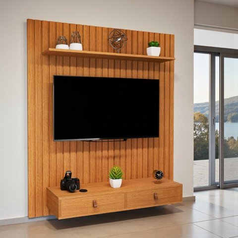 Painel Tv 50 Polegadas Suspenso Ripado 120cm com Nicho Gavetas Puxadores Couro Sala Quarto Intense:n