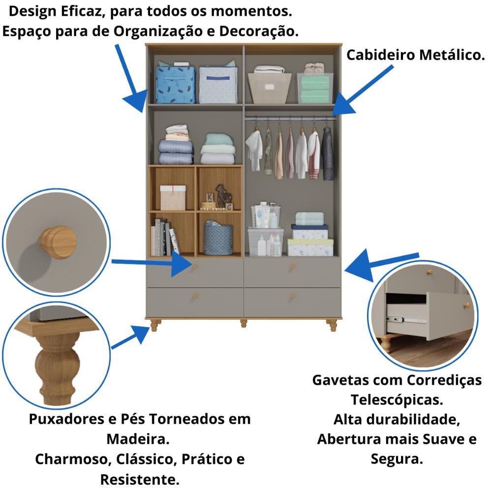 Quarto Bebê Completo Berço Americano 3 em 1 Guarda-roupas 4 Portas Cômoda 1 Porta 100% Mdf - 9