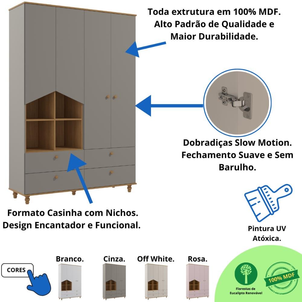 Quarto Bebê Completo Berço Americano 3 em 1 Guarda-roupas 4 Portas Cômoda 1 Porta 100% Mdf - 8