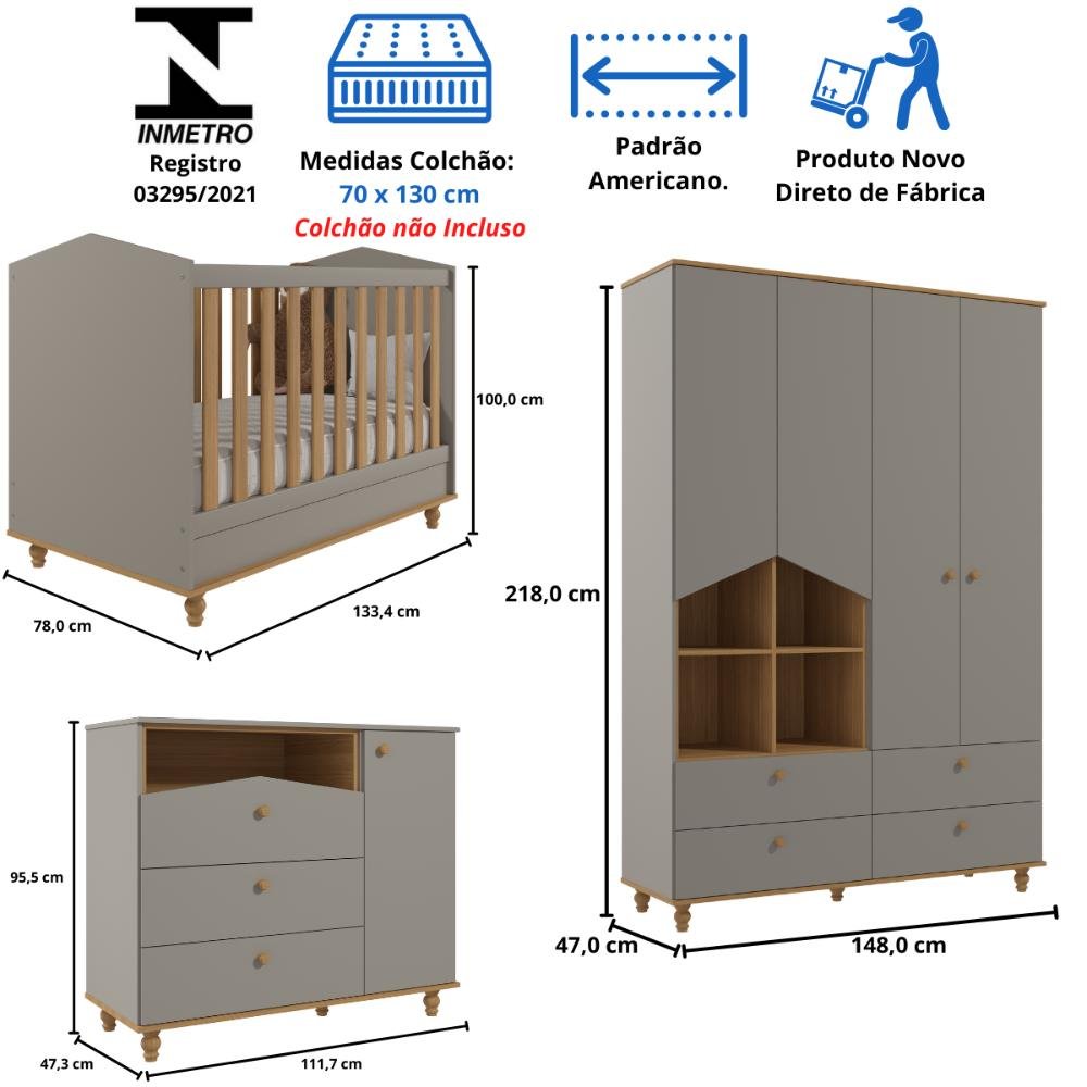 Quarto Bebê Completo Berço Americano 3 em 1 Guarda-roupas 4 Portas Cômoda 1 Porta 100% Mdf - 10