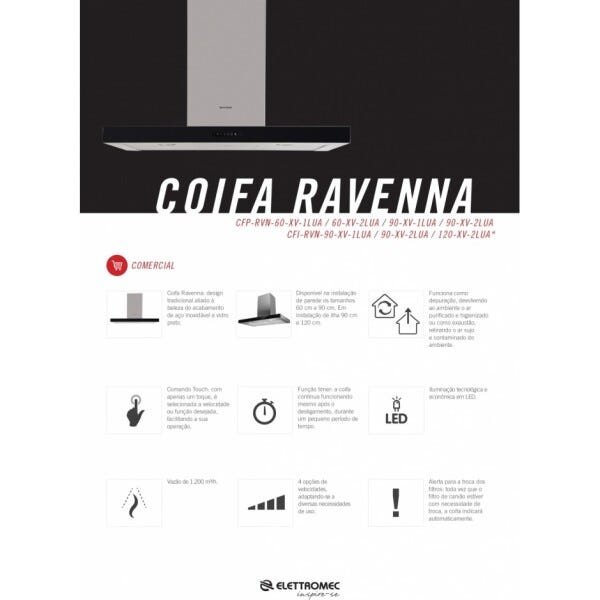 Coifa Elettromec Ravenna Parede Inox E Vidro Preto 90Cm Cfp-Rvn-90-Xv 110V - 3