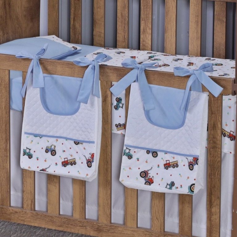 Porta Fralda Organizador Quarto de Bebê Menino Menina 2 Peças com Laço:trator Azul Claro
