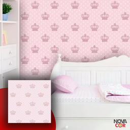 Papel de Parede Infantil Bolinha e Coroa Rosa Branco Adesivo Resistente 3m - 2